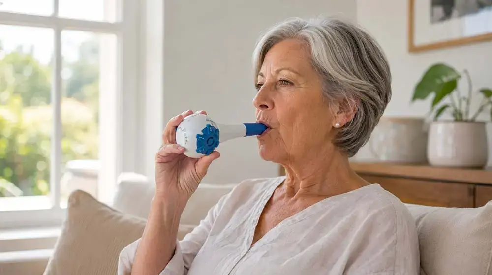 Person using a resistance breathing trainer for respiratory muscle training