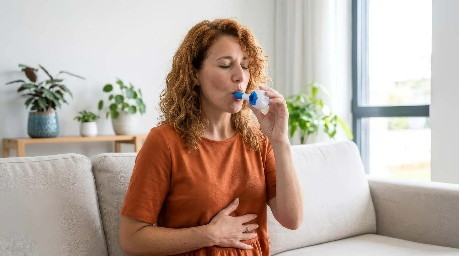 Woman practising diaphragmatic breathing to correct poor breathing symptoms