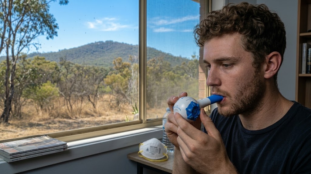 Man using The Breather indoors with clear sky visible through the window, days after a bushfire smoke event